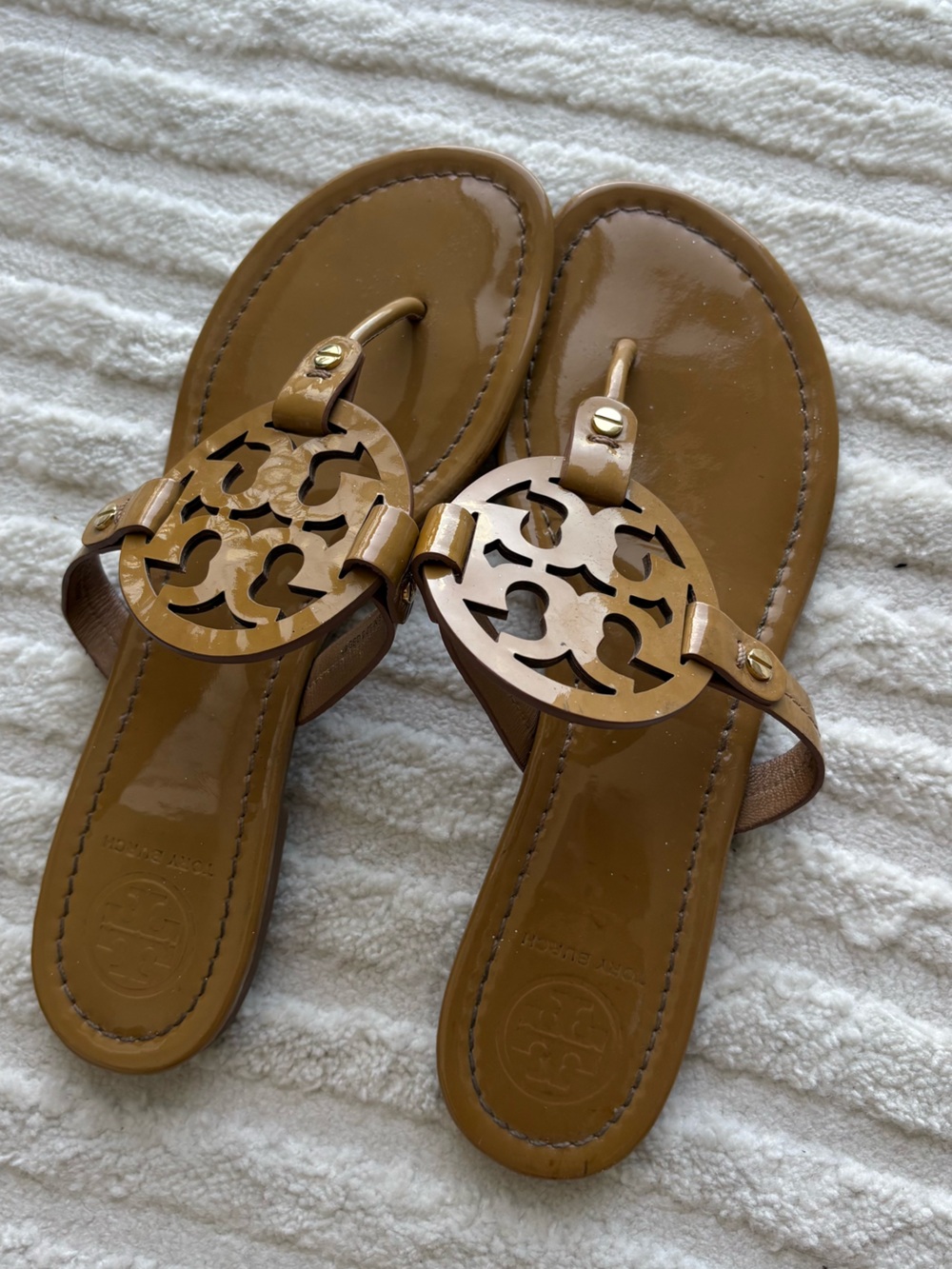 Tory Burch Tan Patent Leather Miller Thong Sandals
